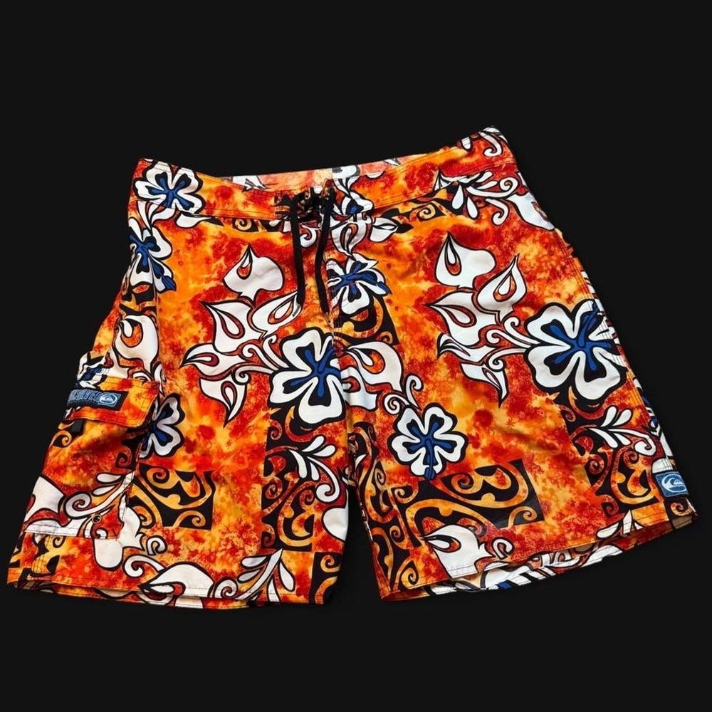 Vintage 90s Quiksilver Hawaiian Floral Board Shorts 38x9 Flame Rare
